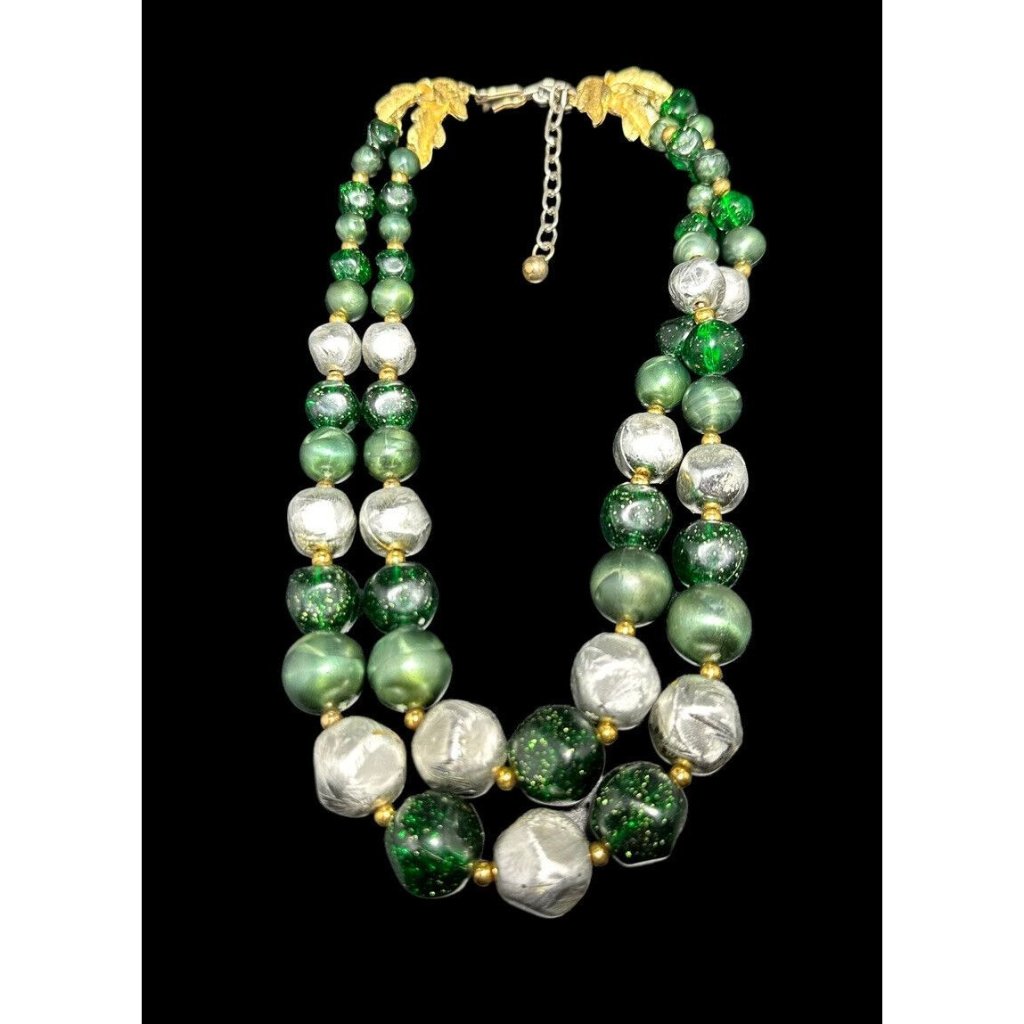 Vintage Signed Art Necklace Two Strand Green And Silver Beaded Floral Gold Tone